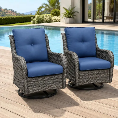 Vista 24 de HUMMUH Juego de 2 sillas giratorias de mimbre para patio, juego de muebles de ratán (marrón/beige)