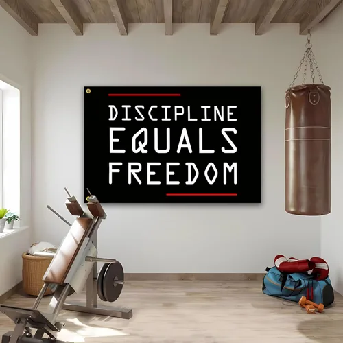 Vista 6 de Bandera de disciplina igual a la libertad de 3 x 5 pies, banderas motivacionales para el hogar, gimnasio, pared, fitness, banderas inspiradoras