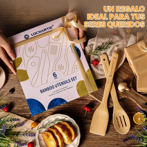 Vista 6 de Cucharas de madera para cocinar, juego de utensilios de cocina, 6 cucharas de madera de bambú y espátula utensilios de cocina
