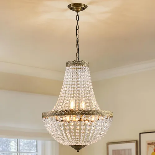 Vista 9 de 4 luces estilo imperio francés, mini lámpara de cristal para granja, acabado de latón antiguo, lámpara de techo para comedor, dormitorio, vestíbulo