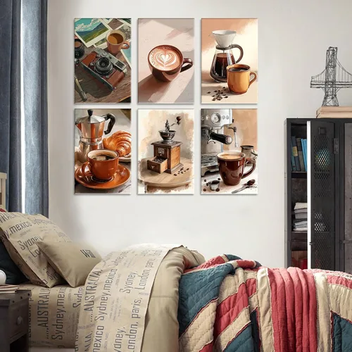 Vista 5 de Tucocoo Paquete de 6 pinturas por números para adultos, pintura de café por números para adultos principiantes, desayuno acogedor, kit de pintura