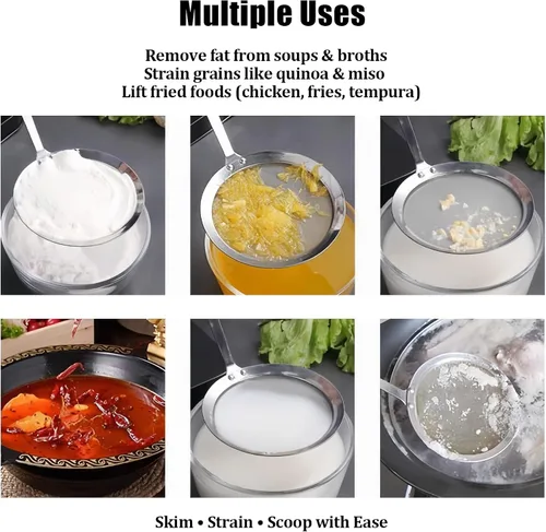 Vista 5 de Cuchara de acero inoxidable para espumadera de grasa de 4 pulgadas, colador de grasa multifuncional de malla fina con mango resistente al calor