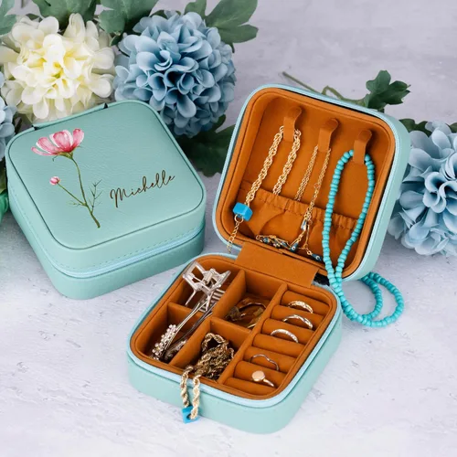 Vista 8 de Joyero de cuero personalizado con mes y nombre de flores de nacimiento coloridas, color blanco, estuche de viaje de joyería personalizado
