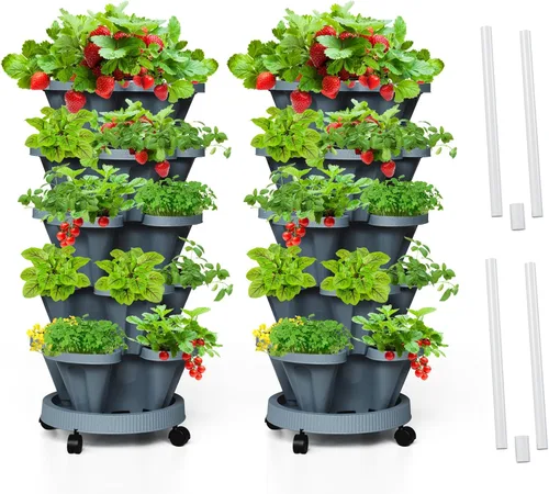Vista 11 de Macetas verticales de fresa, paquete de 2 unidades, torre apilable de 5 niveles con poste de soporte, macetas apilables para hierbas y verduras