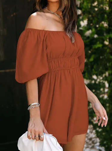 Vista 3 de Linsery Overol corto de verano para mujer, con hombros descubiertos, manga abombada, con volantes