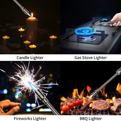 Vista 6 de Encendedor de butano Megainvo, antorcha larga recargable, con ventana visual de combustible, cuello flexible, resistente al viento, para parrilla
