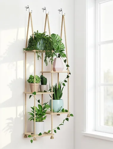 Vista 3 de ROSSNY Estante para plantas con tira de guirnalda LED de vid, estantes para plantas de ventana de 5 niveles, soporte para plantas colgante y montado