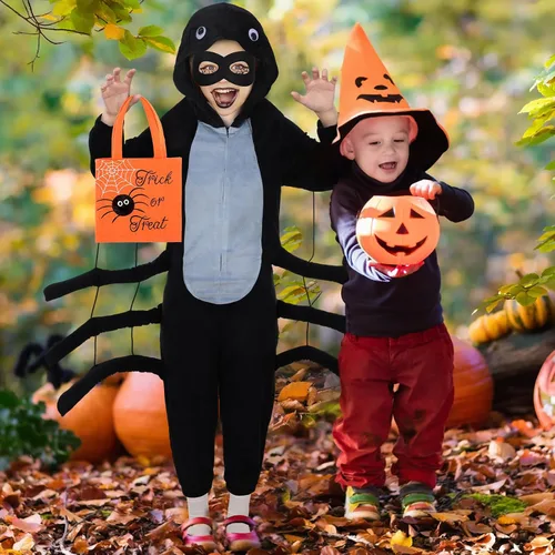 Vista 6 de Jeyiour Disfraz de araña para niños, traje de araña, para Halloween, bolsas de mano elásticas de fieltro negro, máscaras de ojos para niños, fiesta