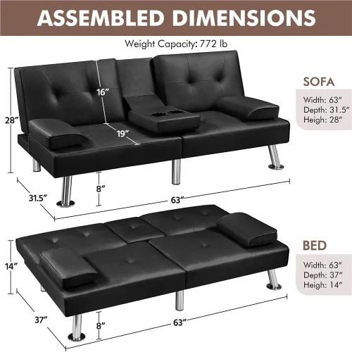 Vista 3 de Yaheetech Sofá Cama Convertible Sillón Reclinable Ajustable Moderno de Cuero Sintético Sofá de Dos Plazas Reversible Cama Plegable Tipo Diván