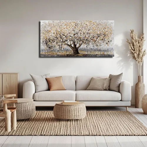 Vista 7 de CHUDANHAO Arte abstracto de graffiti gris para pared, pintura de árbol grande, impresiones fotográficas doradas, arte moderno en lienzo