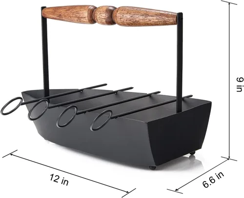 Vista 5 de Plato para servir en forma de hierro con 4 brochetas de barbacoa para parrilla de barbacoa en barco de servir, palitos de barbacoa reutilizables