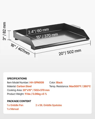 Vista 7 de VEVOR Plancha de Acero al Carbono, Plancha Plana Universal Rectangular de 20x16 Pulgadas, Plancha de Parrilla de Gas para Barbacoa, Teppanyaki