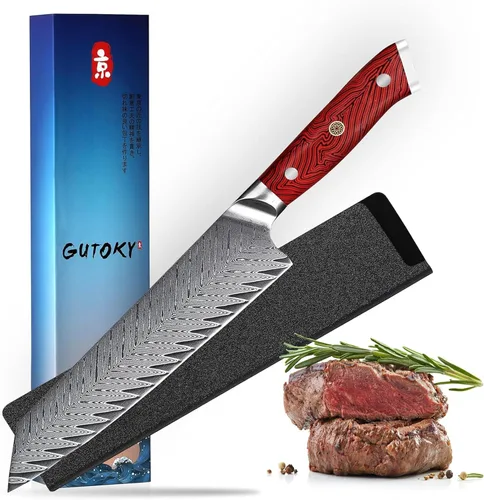 Vista 10 de Cuchillo Santoku de 7 pulgadas, cuchillos japoneses AUS-10 de cocina de acero Damasco con diseño de mango ergonómico
