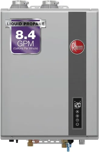 Vista 8 de Rheem - Calentador de agua de propano líquido sin tanque y con condensación, para interiores, hasta 6.8 GPM, 120,000 BTUs de agua caliente super