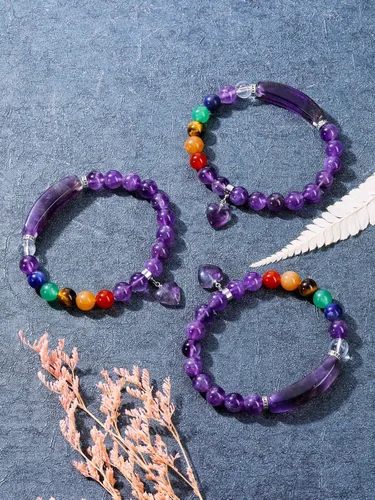 Vista 4 de Jovivi Pulseras de 7 chakras para mujeres y hombres, piedras preciosas naturales de chakras de 0.315 pulgadas, cuentas redondas de amatista, pulsera