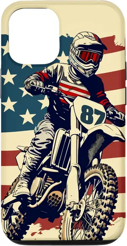 Vista 26 de Funda vintage para iPhone 16 Motocross Rider Dirt Bike con bandera estadounidense