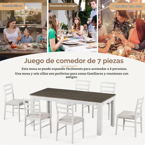 Vista 5 de Juego de comedor de madera de 7 piezas, mesa extensible multifuncional con hojas de 12 pulgadas y 2 cajones, más 6 cómodas sillas de comedor