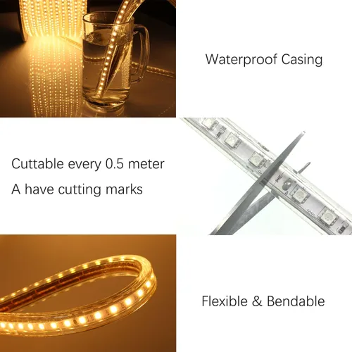 Vista 4 de Tira de luces LED 5050-60 tipo CA de 110-120 V, flexible, impermeable, regulable, multimodos de luz LED + control remoto de 23 teclas para Blanco