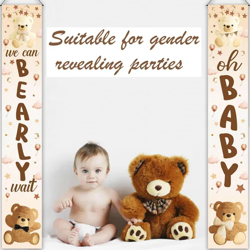 Vista 5 de Decoración de baby shower con texto en inglés «We Can Bearly Wait», 2 unidades, oso para baby shower, porche, letrero de revelación de género