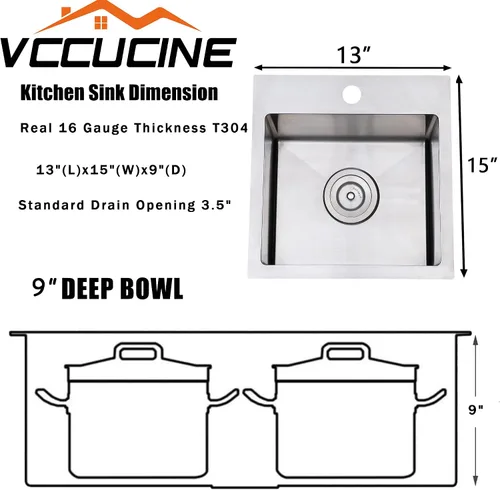 Vista 5 de VCCUCINE - Fregadero de barra de 13 x 15 pulgadas, fregadero de cocina pequeño de acero inoxidable hecho a mano, cuenco individual para exteriores