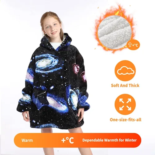 Vista 2 de JAMBHALA Manta de gran tamaño con capucha para niños, sudadera con capucha de franela cálida y esponjosa con bolsillos para niños y adolescentes