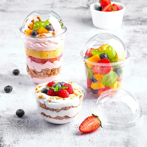 Vista 8 de Zezzxu Paquete de 50 Vasos de Postre de Plástico de 9 oz con Tapas de Cúpula (Sin Agujero) y Sporks, Vasos de Frutas Desechables Transparentes