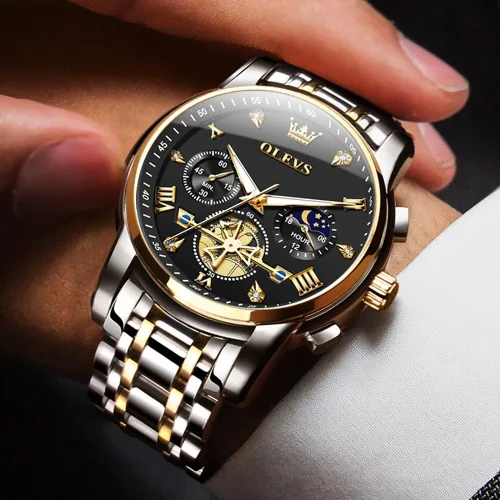 Vista 5 de OUPINKE Mens Watches Fashion Sport WristWatches Multifunction Chronograph Analog Quartz Luminous Waterproof Calendar Stainless Steel Bracelet