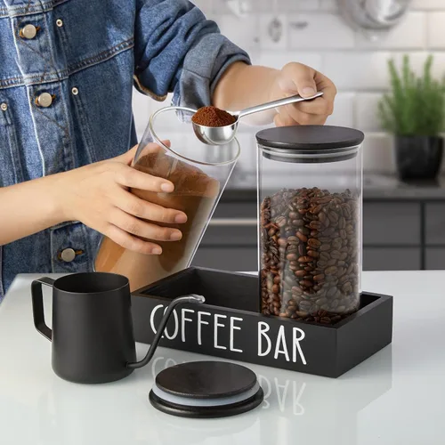 Vista 3 de Recipiente de Vidrio para Café Molido - Juego de 2 Piezas de 45oz de Recipientes para Café y Azúcar con Tapas Herméticas de Bambú y Bandeja Negra