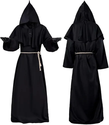 Vista 5 de Mecamelon Disfraz de médico de la peste para adultos, Halloween, cosplay, traje de monje medieval, bata de capa