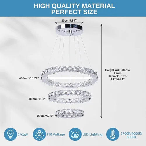 Vista 6 de Candelabro LED de cristal con iluminación regulable LED moderna lámpara de techo de 3 anillos ajustable de acero inoxidable para dormitorios y sala