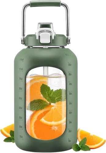 Vista 15 de WINSA - Botella de agua de vidrio de 84 onzas con pajita, 2.5 litros, ámbar Botella de beber de galón, con asa, funda de silicona para deportes
