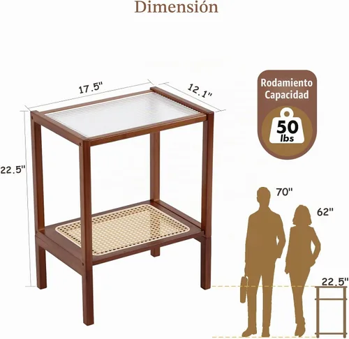Vista 2 de Tiita Mesa auxiliar de ratán, mesita de noche de mediados de siglo, mesas de noche de bambú de 2 niveles, mesas de café de cristal, mesa auxiliar