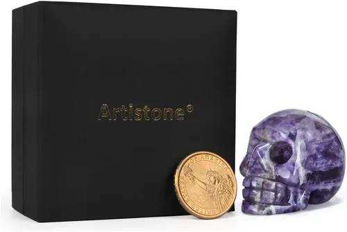 Vista 7 de Artistone Estatua de calavera de cristal de amatista de 2 pulgadas, piedra preciosa curativa tallada a mano con cabeza de calavera humana