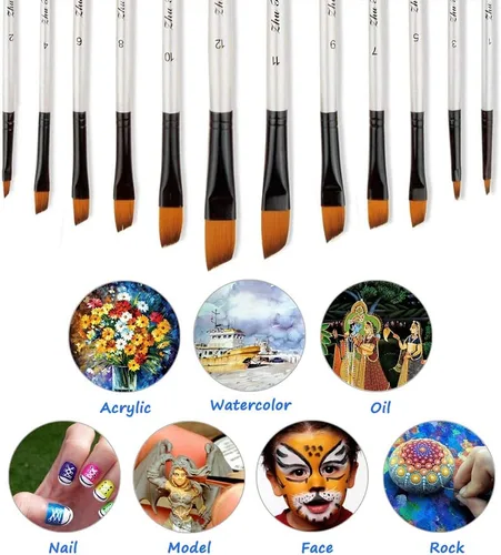 Vista 4 de Juego de pinceles de pintura para artista, 12 pinceles angulares profesionales para pintura al óleo de acuarela acrílica, arte de uñas