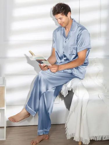 Vista 5 de AW BRIDAL Juego de 4 pijamas de satén a juego para parejas, pijamas de seda suave de manga corta para mujeres, hombres, parejas, regalos para señor