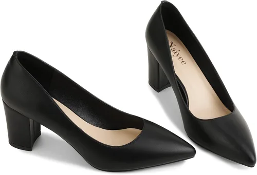 Vista 2 de Naiyee Zapatos de tacón grueso para mujer, con punta cerrada, tacón grueso, bloque de 3 pulgadas, tacones altos para mujer, sin cordones, oficina