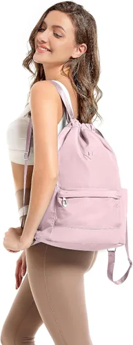 Vista 3 de BAVELOE Mochila con cordón y bolsillo húmedo, mochila de gimnasio resistente al agua, portabotellas, bolsa de cuerda para mujeres y hombres, Rosado