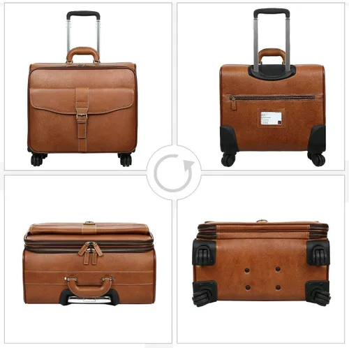 Vista 3 de Leathario Maleta con ruedas de cuero para laptop, maletín con ruedas, Marrón, XL