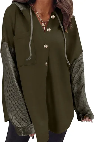 Vista 17 de SHEWIN - Sudadera de gran tamaño para mujer, de ajuste holgado, casual, manga larga, con botones, con capucha y bolsillos a gris