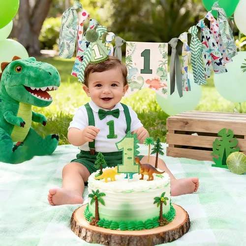 Vista 2 de Decoraciones de dinosaurio para el primer cumpleaños, cartel para silla alta para niño Dinosaurio Verde Uno