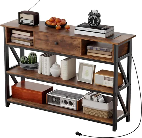 Vista 12 de Mexin Mesa de sofá consola de 39 pulgadas con cajón, mesa de entrada con estantes de almacenamiento, mesa de pasillo de madera industrial para sala