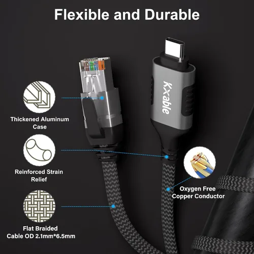 Vista 4 de Cable USB C a Ethernet plano de 4 pies, cable RJ45 a USB tipo C, conectado directamente, red LAN Gigabit, OFC, para MacBook Pro, iPad Pro, iPhone