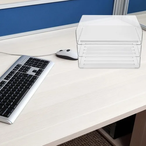 Vista 4 de Bandeja organizadora de escritorio apilable para papel y archivos, soporte ancho transparente para documentos que ahorra espacio, estante