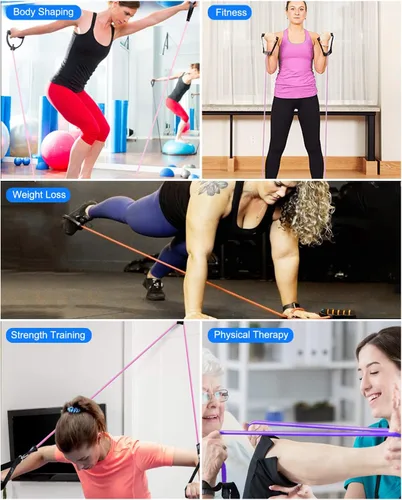 Vista 5 de Banda de ejercicio de resistencia con asas, banda de entrenamiento para terapia física, entrenamiento de fuerza, gimnasio en casa, fitness