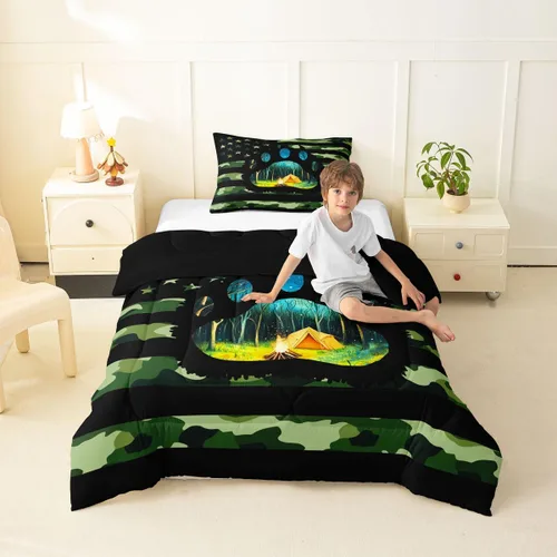 Vista 5 de Erosebridal American Flag Twin Comforter Set Army Green Camo Bedding Set for Kids Boys Girls Bear Claw Hunting Theme Bed Set Camoflage Camping