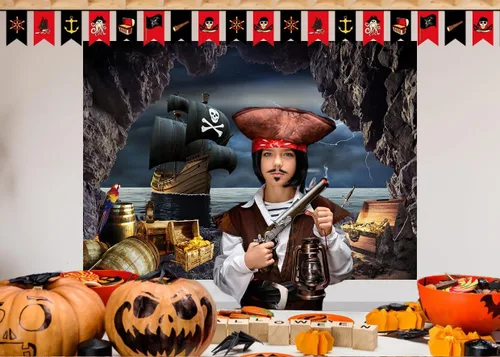 Vista 3 de Telón de fondo de barco pirata de 7 x 5 pies, aventura náutica, búsqueda del tesoro, fotografía, telón de fondo, temática pirata, decoraciones