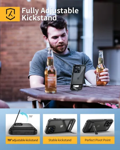 Vista 4 de Lanhiem Funda para iPhone 14 Pro con Soporte, Funda Impermeable a Prueba de Polvo IP68 con Protector de Pantalla Integrado, Carcasa de Cuerpo