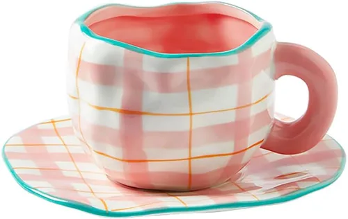 Vista 6 de Noviko Taza de Cerámica a Cuadros Juego de Taza de Té y Platillo de 10 onzas