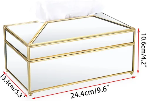 Vista 3 de Sumnacon Caja de pañuelos rectangular con espejo, soporte para caja de pañuelos de vidrio dorado, elegante funda de pañuelos para baño, inodoro