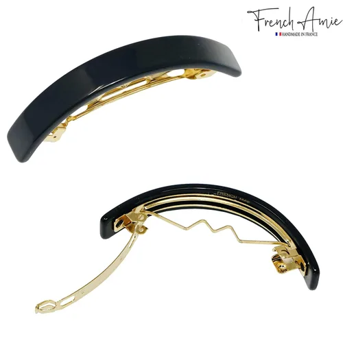 Vista 2 de French Amie Pasador automático hecho a mano de acetato de celuloide pequeño negro curvado de 2.5 pulgadas con cierre dorado